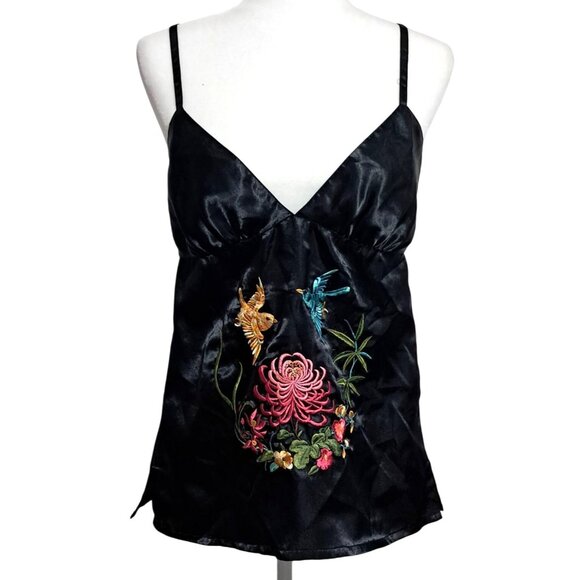 Divided Tops - Y2K Divided Black Satin Embroidered Camisole Top With Floral & Bird Design Adjus